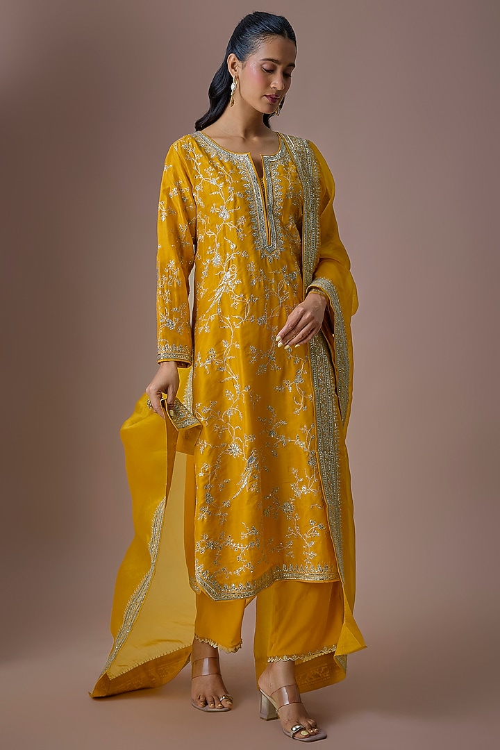 Mustard Yellow Dupion Silk Kurta Set by Anushree Reddy at Pernia's Pop Up Shop