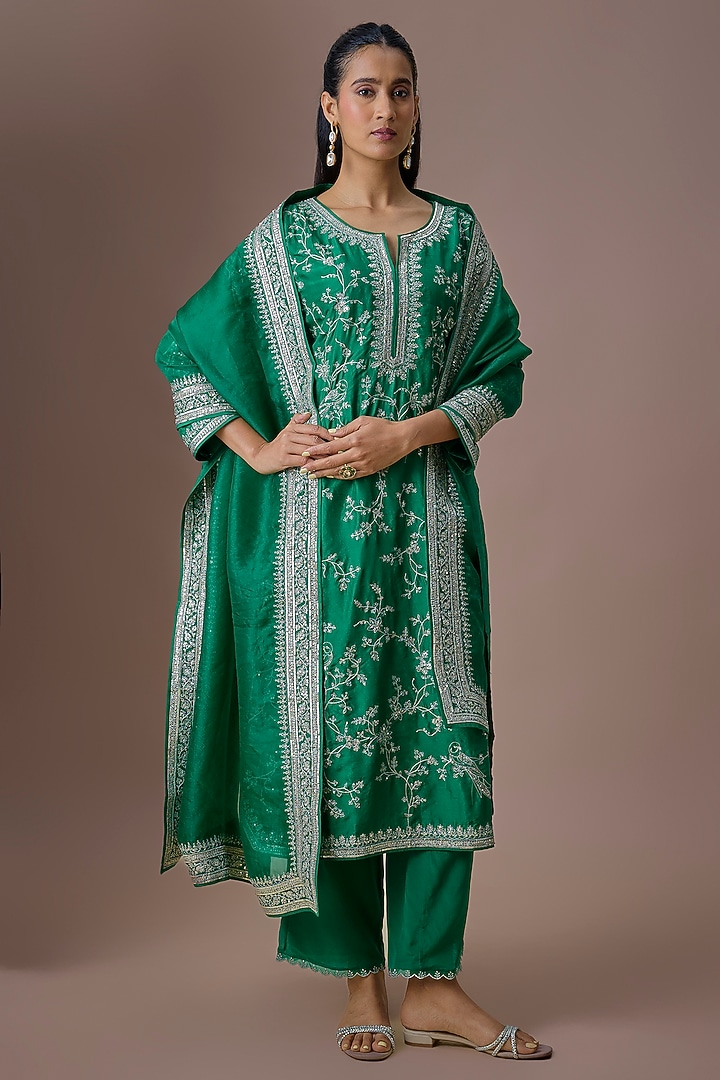 Emerald Green Dupion Silk Kurta Set by Anushree Reddy at Pernia's Pop Up Shop