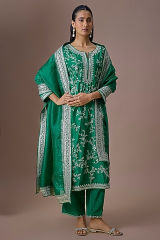 Emerald Green Dupion Silk Kurta Set by Anushree Reddy