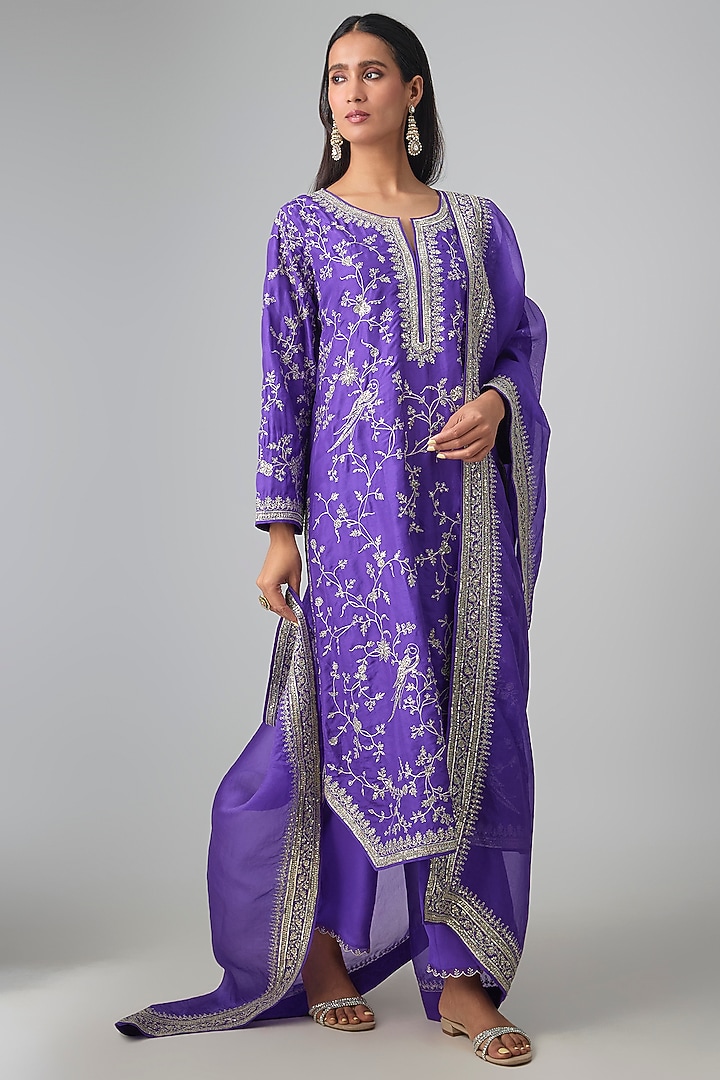 Purple Dupion Silk Hand & Machine Embroidered Kurta Set by Anushree Reddy at Pernia's Pop Up Shop