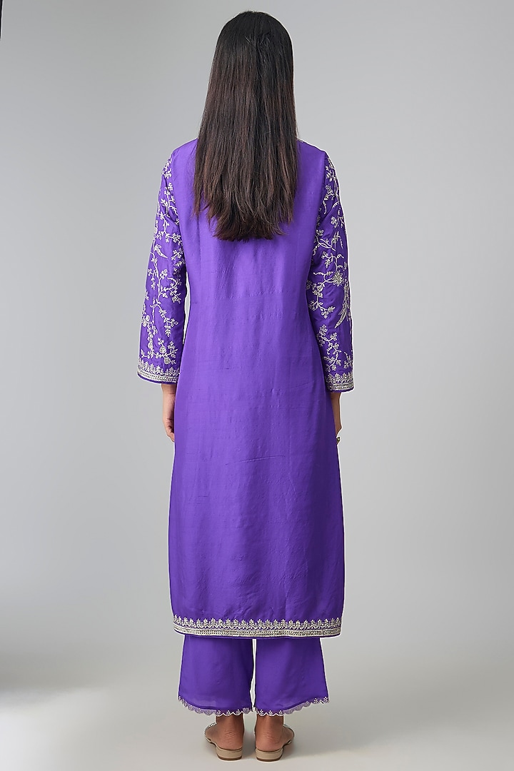 Purple Dupion Silk Hand & Machine Embroidered Kurta Set by Anushree Reddy at Pernia's Pop Up Shop