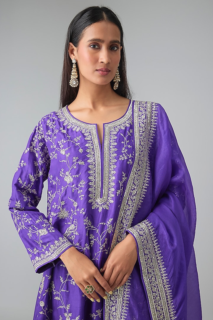 Purple Dupion Silk Hand & Machine Embroidered Kurta Set by Anushree Reddy at Pernia's Pop Up Shop