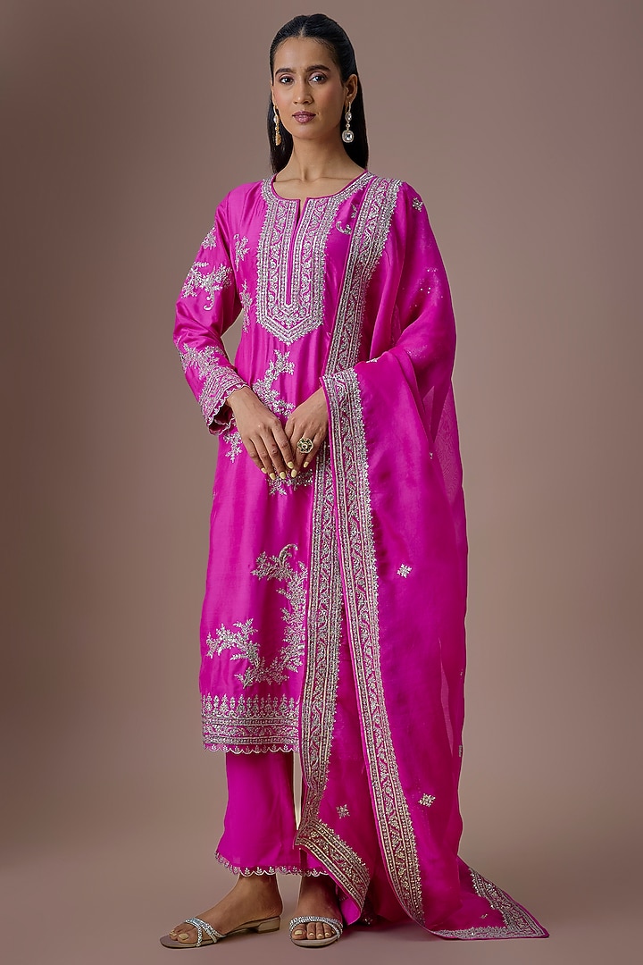 Hot Pink Dupion Silk Sequins Embroidered Kurta Set by Anushree Reddy at Pernia's Pop Up Shop