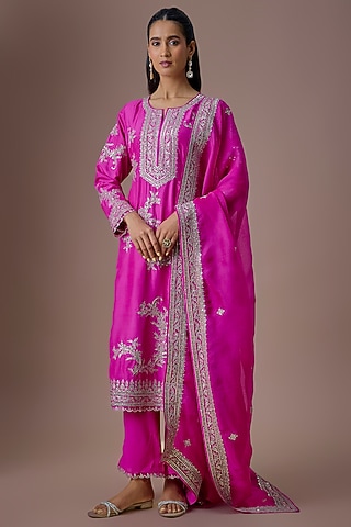 Hot Pink Dupion Silk Sequins Embroidered Kurta Set by Anushree Reddy