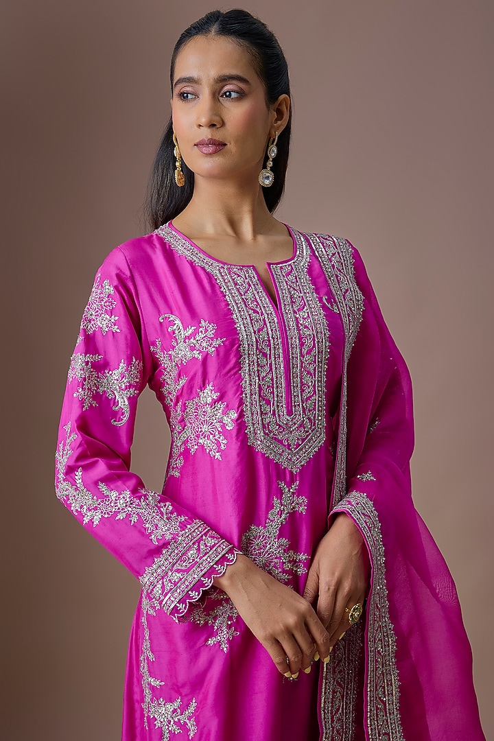 Hot Pink Dupion Silk Sequins Embroidered Kurta Set by Anushree Reddy at Pernia's Pop Up Shop