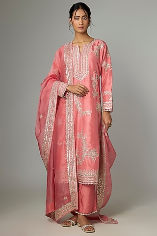 Peach Dupion Silk & Cotton Silk Embroidered Kurta Set by Anushree Reddy