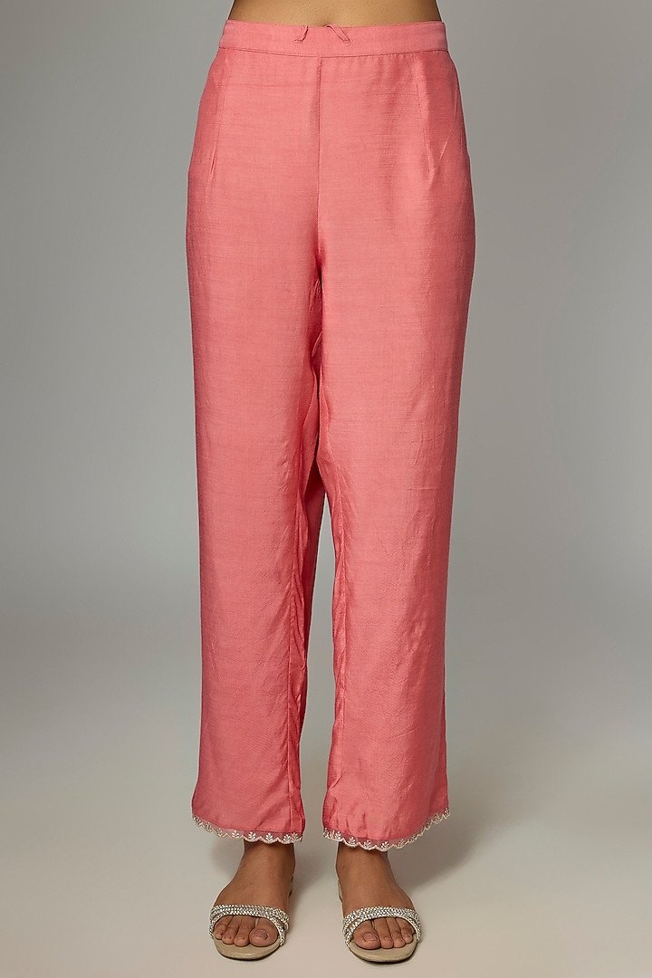 Peach Dupion Silk & Cotton Silk Embroidered Kurta Set by Anushree Reddy at Pernia's Pop Up Shop