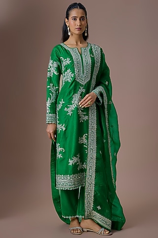 Emerald Green Dupion Silk Sequins Embroidered Kurta Set by Anushree Reddy