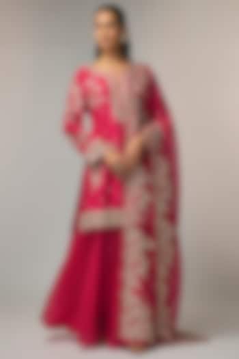 Cherry Red Dupion Silk Bridal Sharara Set by Anushree Reddy at Pernia's Pop Up Shop
