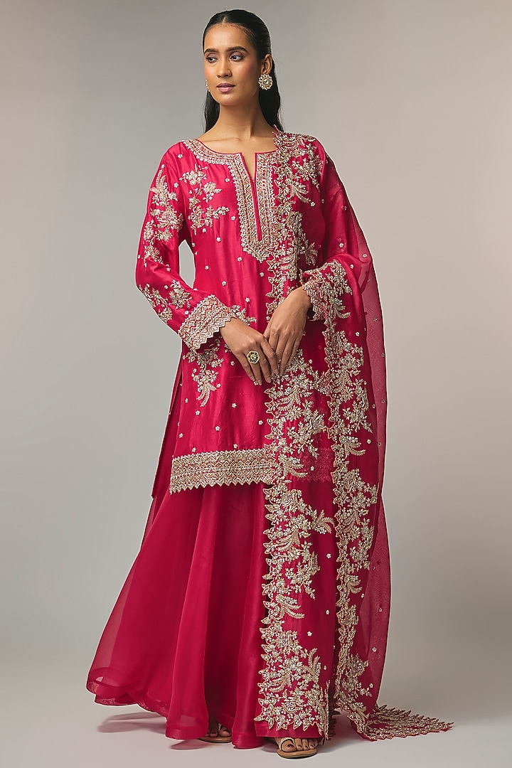 Cherry Red Dupion Silk Bridal Sharara Set by Anushree Reddy at Pernia's Pop Up Shop
