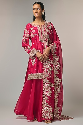 Cherry Red Dupion Silk Sharara Set by Anushree Reddy