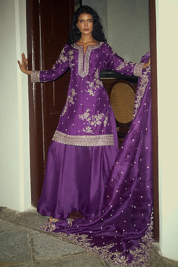 Purple Dupion Silk Bridal Sharara Set by Anushree Reddy at Pernia's Pop Up Shop