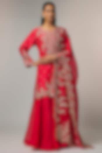 Cherry Red Dupion Silk Bridal Sharara Set by Anushree Reddy at Pernia's Pop Up Shop