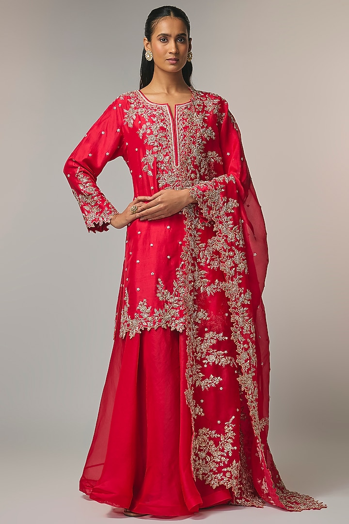 Cherry Red Dupion Silk Bridal Sharara Set by Anushree Reddy at Pernia's Pop Up Shop