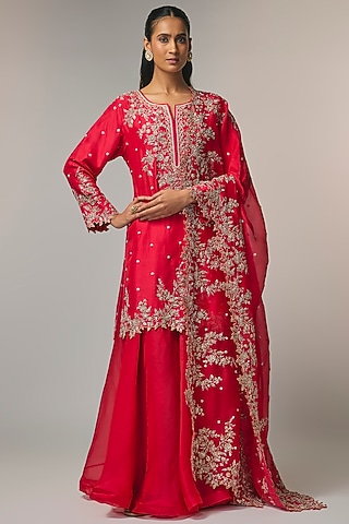 Cherry Red Dupion Silk Sharara Set by Anushree Reddy