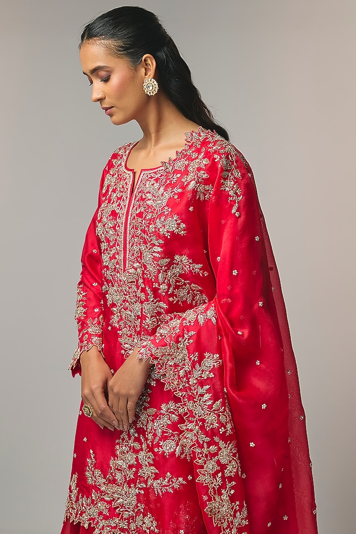 Cherry Red Dupion Silk Bridal Sharara Set by Anushree Reddy at Pernia's Pop Up Shop