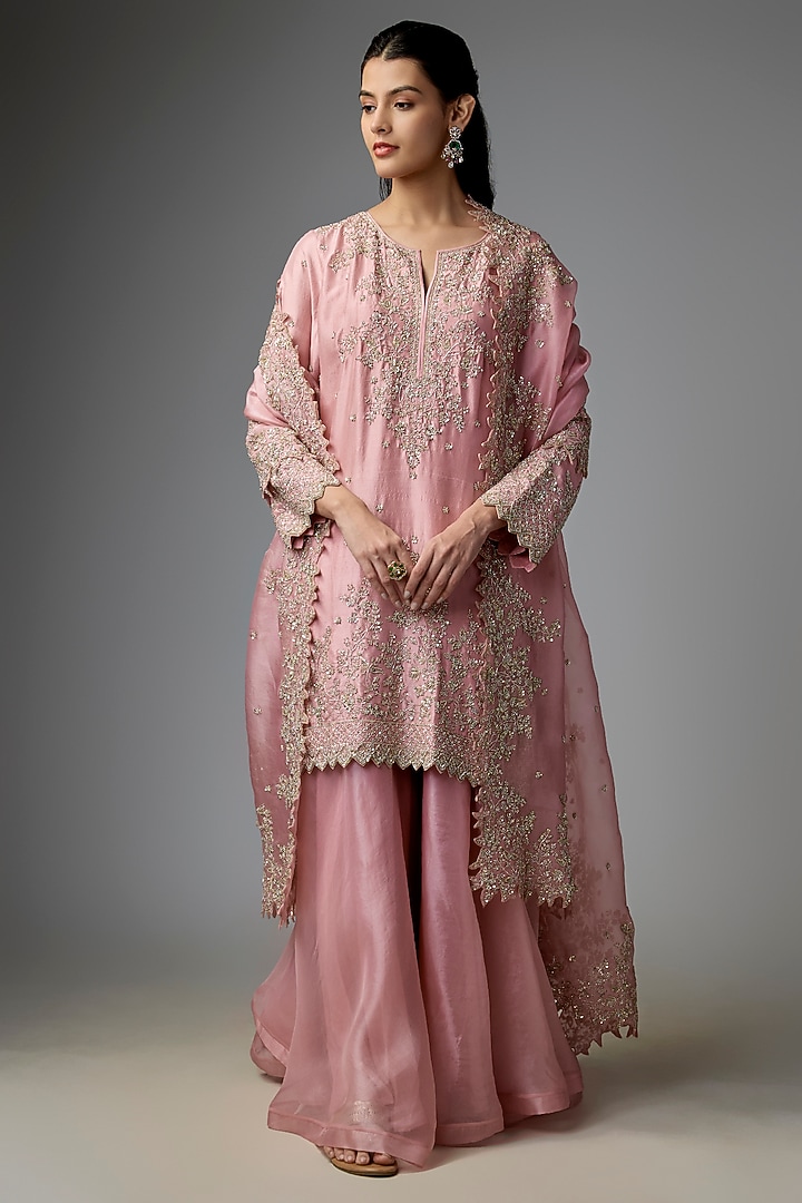 Blush Pink Dupion Silk & Organza Bridal Sharara Set by Anushree Reddy at Pernia's Pop Up Shop