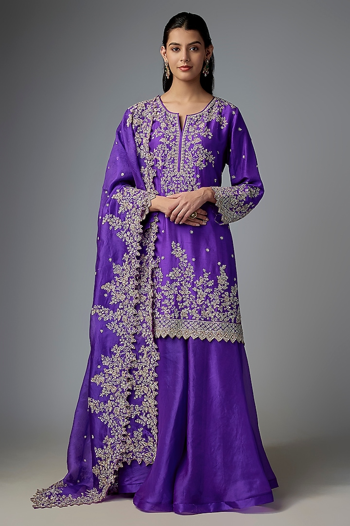 Purple Dupion Silk & Organza Bridal Sharara Set by Anushree Reddy at Pernia's Pop Up Shop