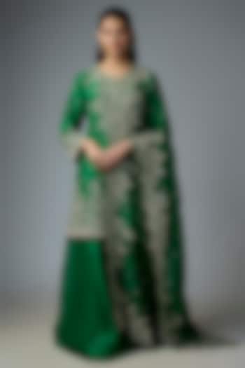Emerald Green Dupion Silk & Organza Bridal Sharara Set by Anushree Reddy at Pernia's Pop Up Shop