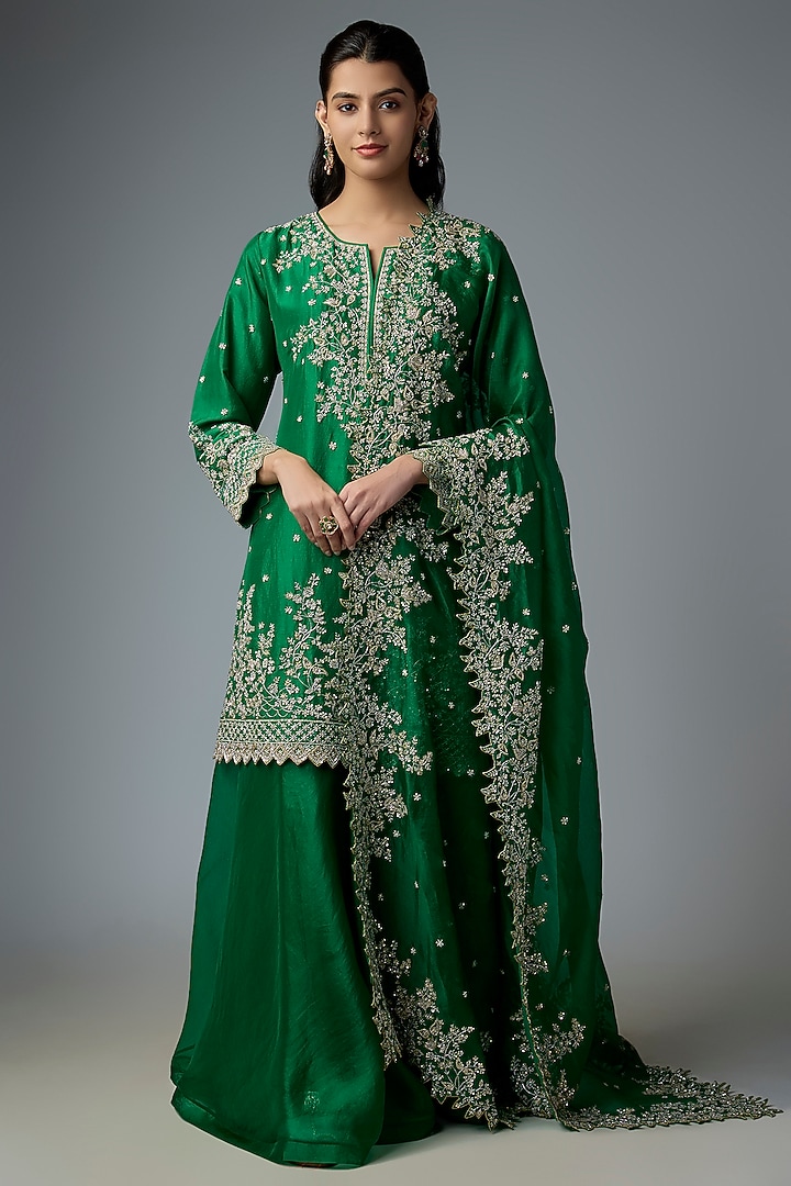Emerald Green Dupion Silk & Organza Bridal Sharara Set by Anushree Reddy at Pernia's Pop Up Shop