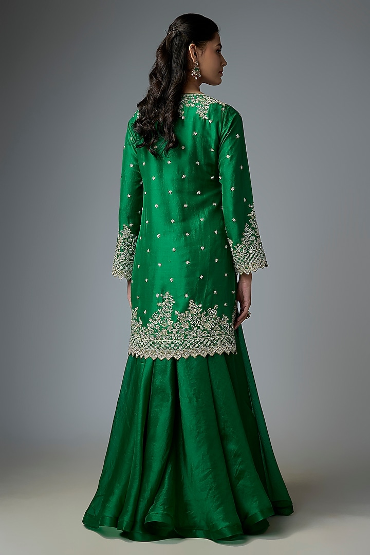 Emerald Green Dupion Silk & Organza Bridal Sharara Set by Anushree Reddy at Pernia's Pop Up Shop