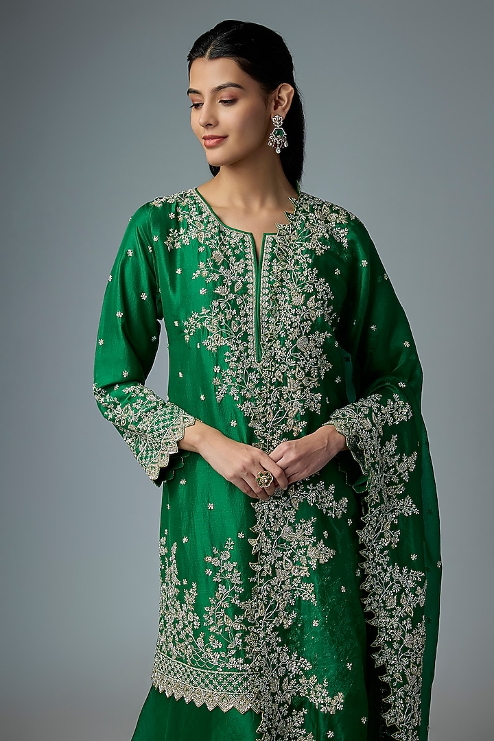 Emerald Green Dupion Silk & Organza Bridal Sharara Set by Anushree Reddy at Pernia's Pop Up Shop