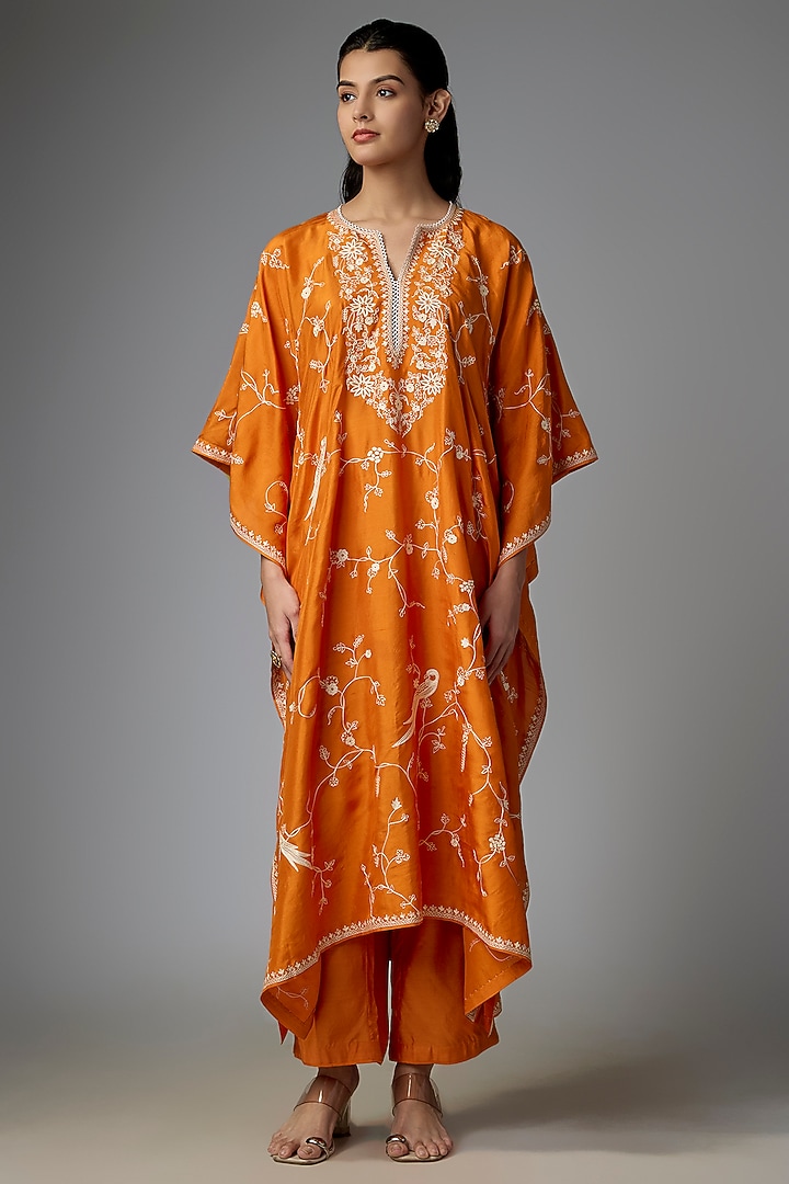 Orange Dupion Silk Aari & Thread Work Kaftan Set by Anushree Reddy at Pernia's Pop Up Shop