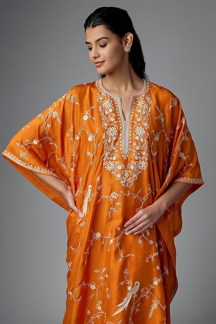 Orange Dupion Silk Aari & Thread Work Kaftan Set by Anushree Reddy at Pernia's Pop Up Shop