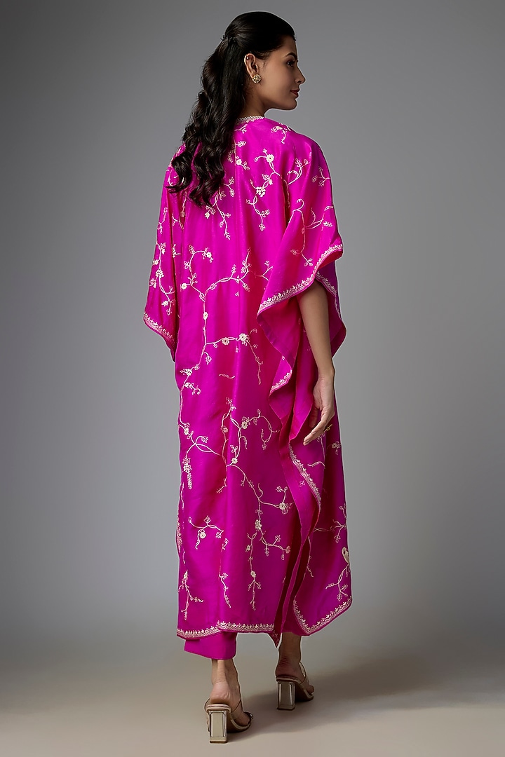 Hot Pink Dupion Silk Aari & Thread Work Kaftan Set by Anushree Reddy at Pernia's Pop Up Shop