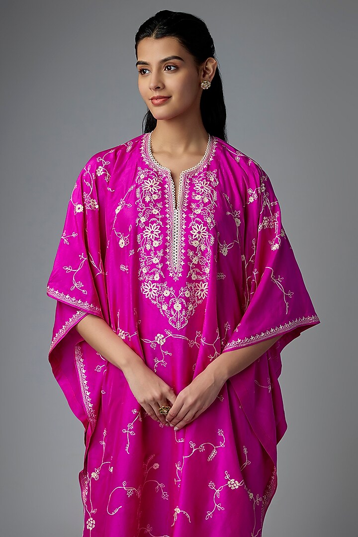 Hot Pink Dupion Silk Aari & Thread Work Kaftan Set by Anushree Reddy at Pernia's Pop Up Shop