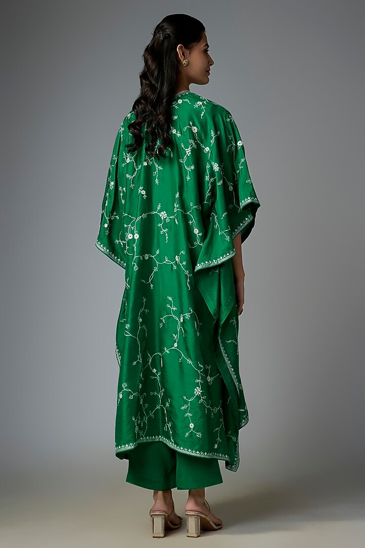 Emerald Green Dupion Silk Aari & Thread Work Kaftan Set by Anushree Reddy at Pernia's Pop Up Shop