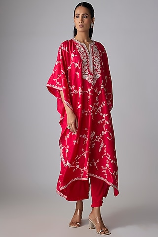 Cherry Red Dupion Silk Thread Work Kaftan Set by Anushree Reddy