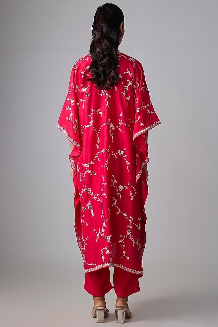 Cherry Red Dupion Silk Thread Work Kaftan Set by Anushree Reddy at Pernia's Pop Up Shop