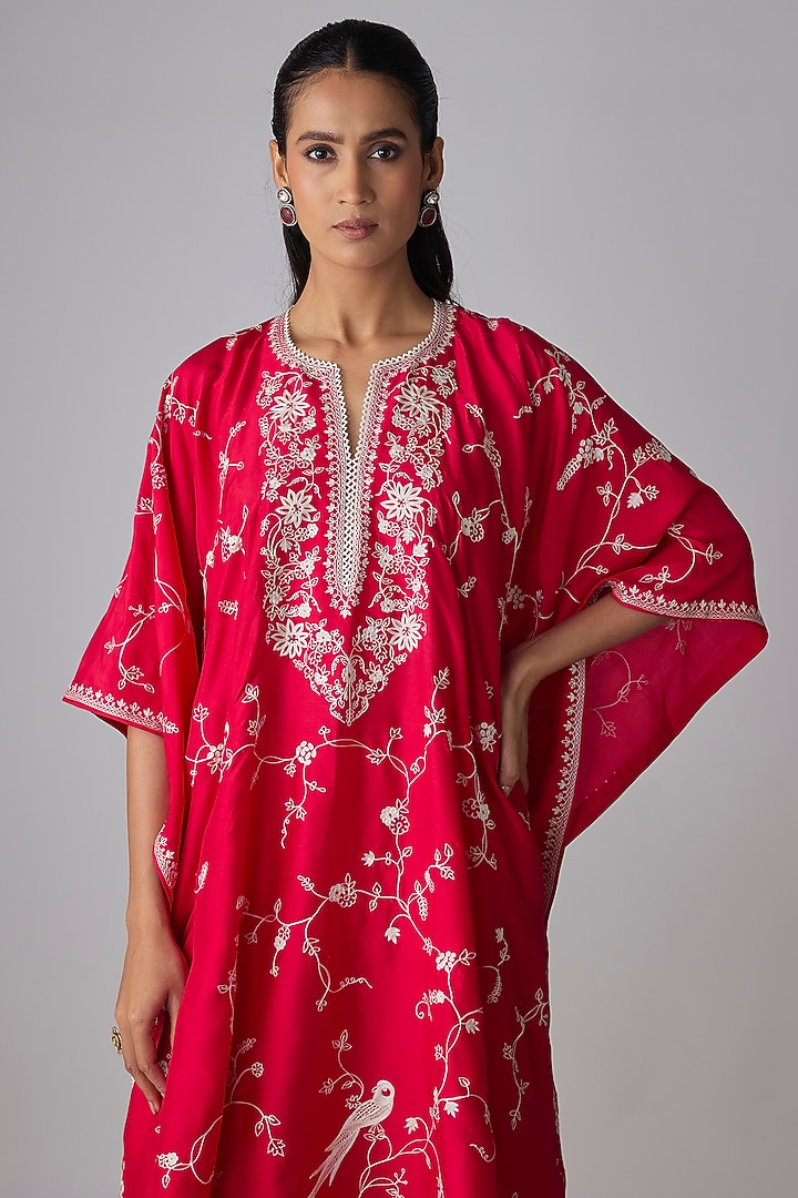 Cherry Red Dupion Silk Thread Work Kaftan Set by Anushree Reddy at Pernia's Pop Up Shop