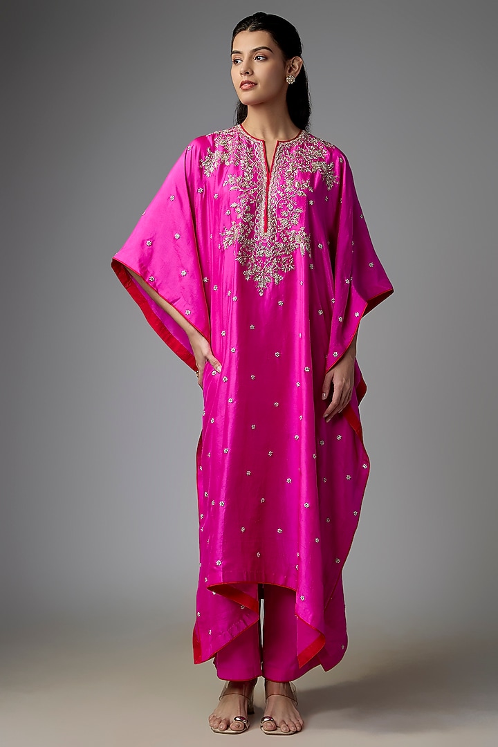Hot Pink Dupion Silk Hand Embroidered Kaftan Set by Anushree Reddy at Pernia's Pop Up Shop