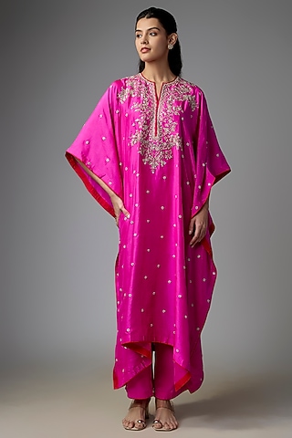 Hot Pink Dupion Silk Hand Embroidered Kaftan Set by Anushree Reddy