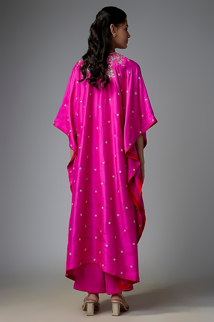 Hot Pink Dupion Silk Hand Embroidered Kaftan Set by Anushree Reddy at Pernia's Pop Up Shop