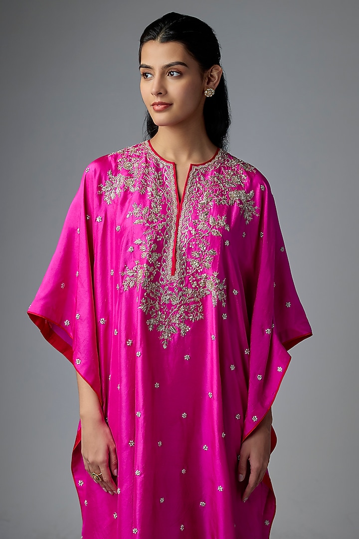 Hot Pink Dupion Silk Hand Embroidered Kaftan Set by Anushree Reddy at Pernia's Pop Up Shop