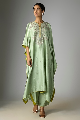 Sea Green Dupion Silk Hand Embroidered Kaftan Set by Anushree Reddy
