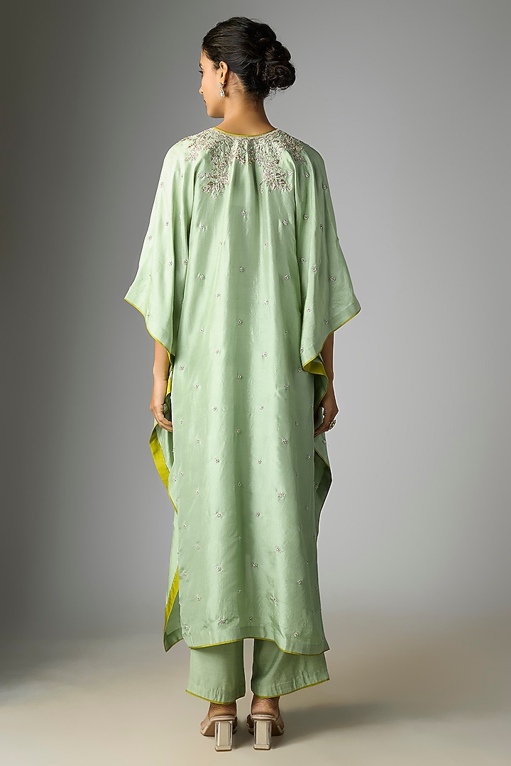 Sea Green Dupion Silk Hand Embroidered Kaftan Set by Anushree Reddy at Pernia's Pop Up Shop