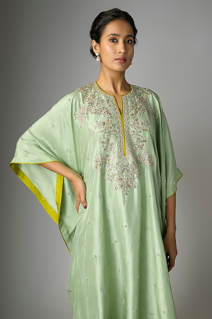 Sea Green Dupion Silk Hand Embroidered Kaftan Set by Anushree Reddy at Pernia's Pop Up Shop