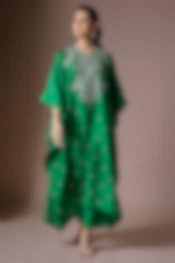 Emerald Green Dupion Silk Hand Embroidered Kaftan Set by Anushree Reddy at Pernia's Pop Up Shop