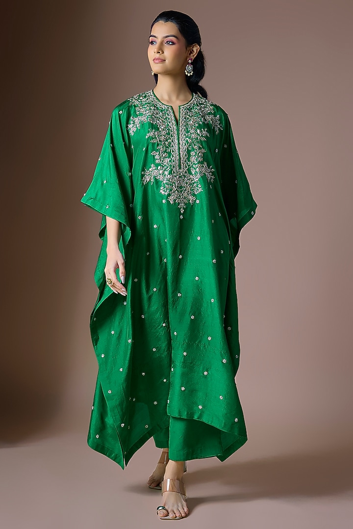 Emerald Green Dupion Silk Hand Embroidered Kaftan Set by Anushree Reddy at Pernia's Pop Up Shop