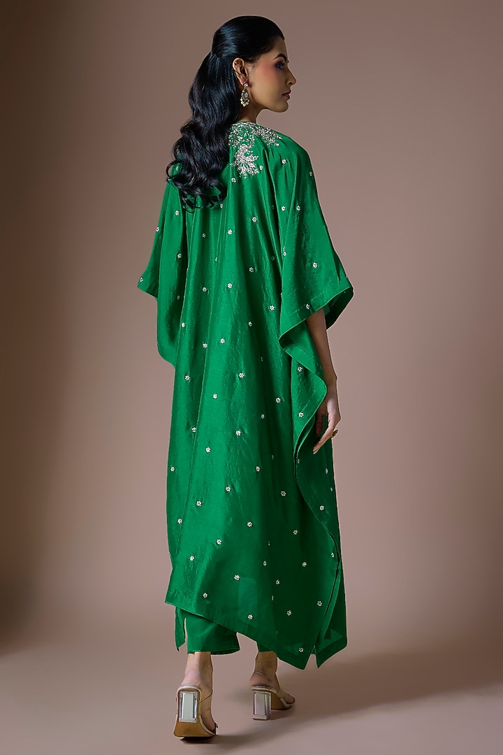 Emerald Green Dupion Silk Hand Embroidered Kaftan Set by Anushree Reddy at Pernia's Pop Up Shop
