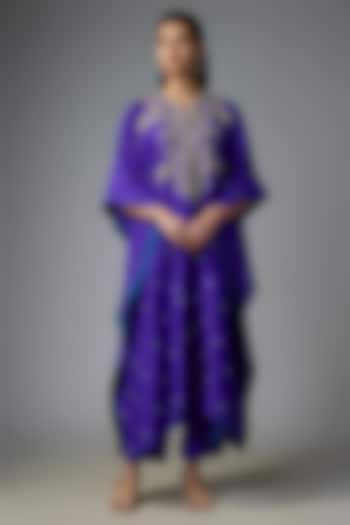 Ink Blue Dupion Silk Hand Embroidered Kaftan Set by Anushree Reddy at Pernia's Pop Up Shop