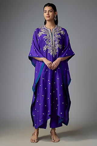 Ink Blue Dupion Silk Hand Embroidered Kaftan Set by Anushree Reddy