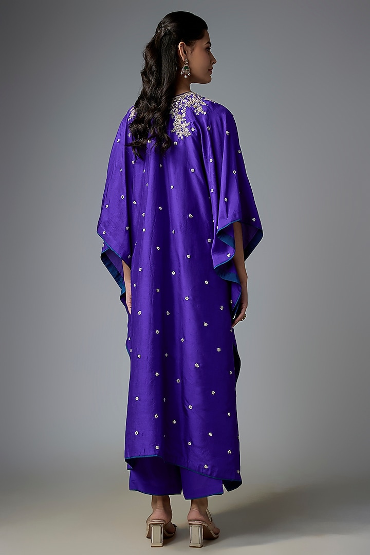 Ink Blue Dupion Silk Hand Embroidered Kaftan Set by Anushree Reddy at Pernia's Pop Up Shop