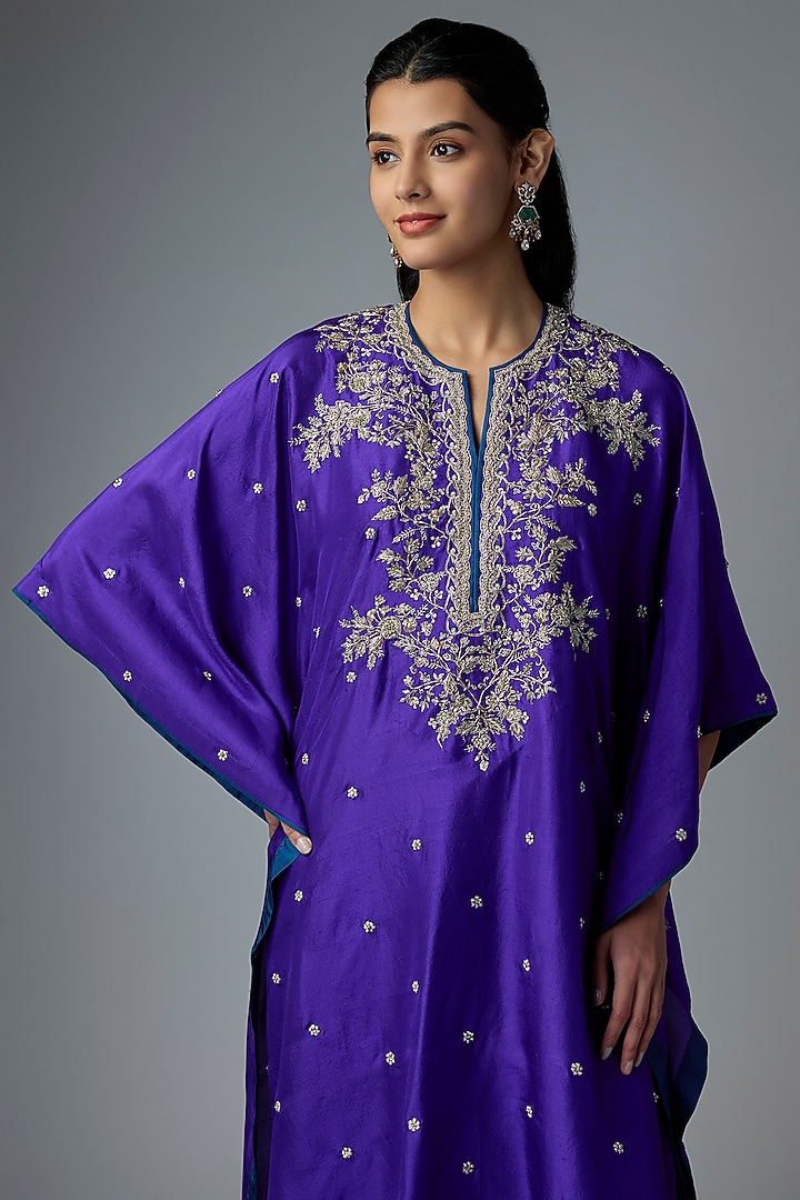 Ink Blue Dupion Silk Hand Embroidered Kaftan Set by Anushree Reddy at Pernia's Pop Up Shop