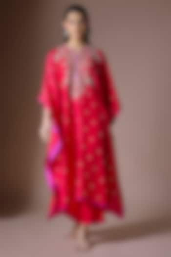 Red Dupion Silk Hand Embroidered Kaftan Set by Anushree Reddy at Pernia's Pop Up Shop