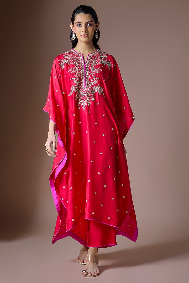 Red Dupion Silk Hand Embroidered Kaftan Set by Anushree Reddy at Pernia's Pop Up Shop